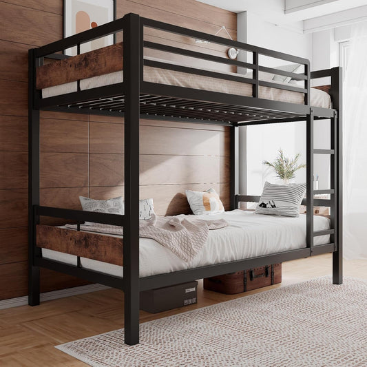 Bunk Bed Twin over Twin, Heavy Duty Metal Bed with Ladder and Full-Length Guardrail, Under-Bed Storage Space, No Box Spring Needed, Noise Free, Rustic Brown-0
