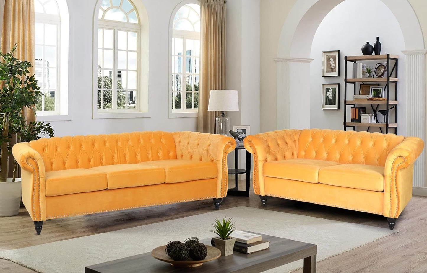 3 Pieces of Living Room Furniture Sofa Sets, Modern Velvet Chesterfield Sofa&Chesterfield Club Chair&Chesterfield Loveseat Sofas Set with Nailhead Trim Scroll Arms for Living Room(Mango)-2