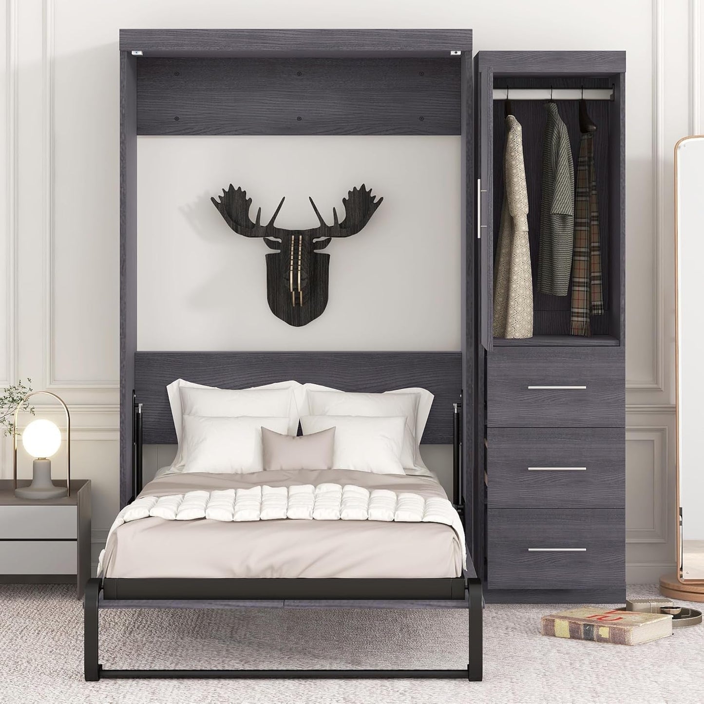 Twin Size Wood Murphy Bed with Storage for Small Spaces-0