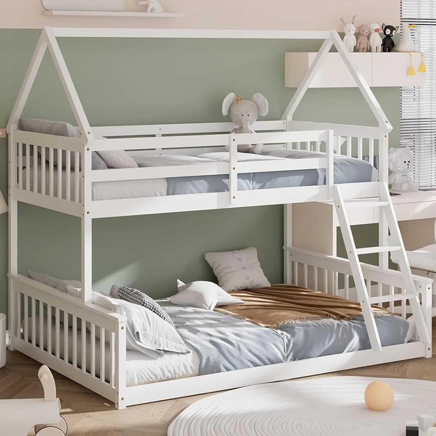 Wood Twin over Full Bunk Bed, Solid Wood House Bed Frame Built in Ladder & Safety Guardrails, Convertible to 2 Beds, Floor Bunk Bed for Kids Teens Juniors, No Box Spring Needed, White-0
