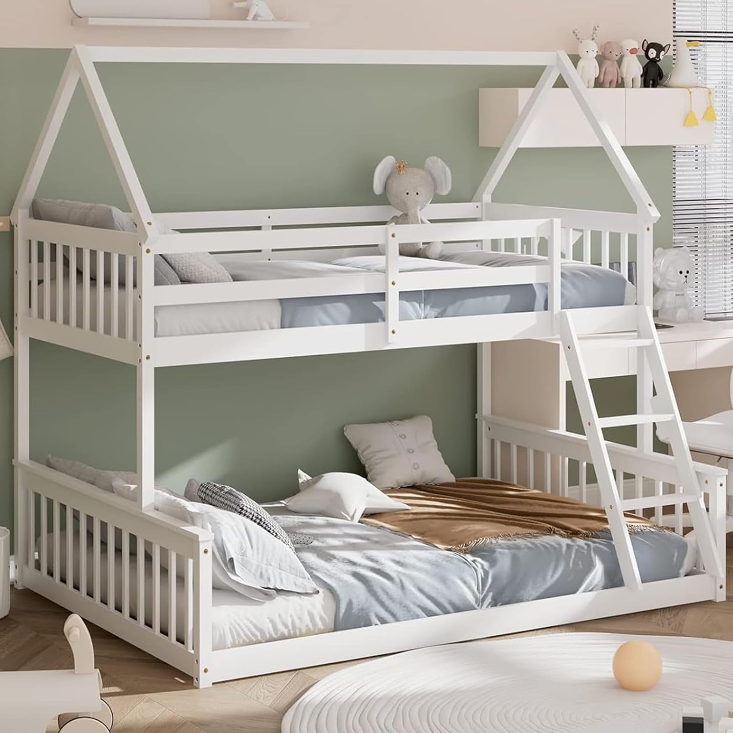 Wood Twin over Full Bunk Bed, Solid Wood House Bed Frame Built in Ladder & Safety Guardrails, Convertible to 2 Beds, Floor Bunk Bed for Kids Teens Juniors, No Box Spring Needed, White-0