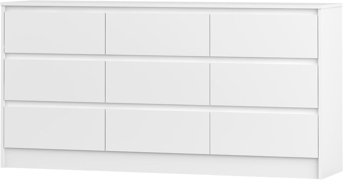 Modern 9 Drawer Wood Dresser for Bedroom, Large Floor Storage Drawer Cabinet Lateral Chest of Drawers Handle Free Organizer for Closet Living Room (White, 9 Drawer)-0