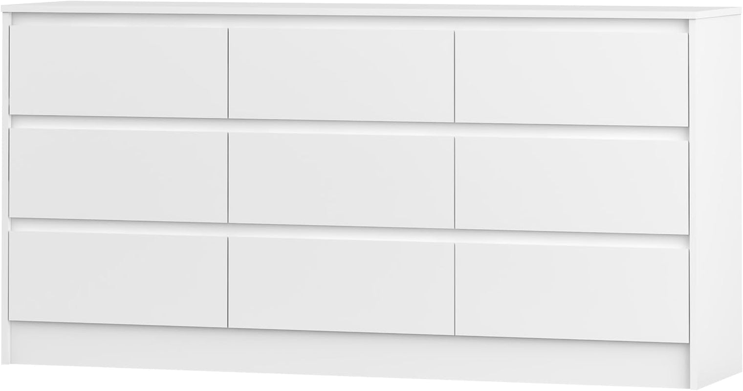 Modern 9 Drawer Wood Dresser for Bedroom, Large Floor Storage Drawer Cabinet Lateral Chest of Drawers Handle Free Organizer for Closet Living Room (White, 9 Drawer)-0