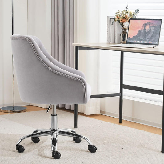 Velvet Office Swivel Chair, Vanity Chair, Fabric Desk Chair, Pretty Fancy Chair, Gold Office Chair for Girls, 360°Swivel Height Adjustable Reception Chair (Grey)-1