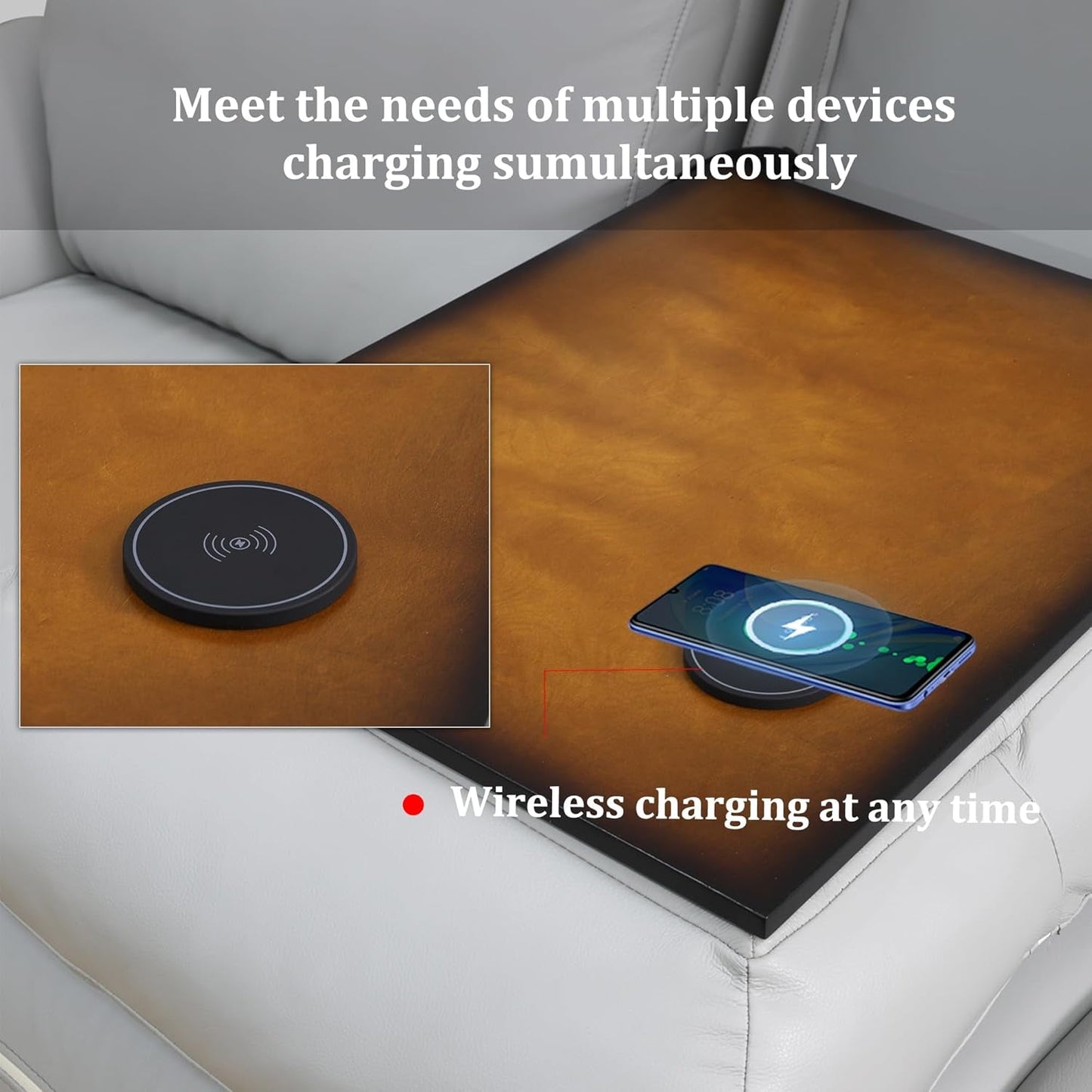 Power Recliner Sofa Set with LED, Breathing Leather Reclining Sofa Set, Living Room Set Recliner Couch Loveseat with USB Port/Cup Holder/Storage for Living Room (3 Pieces Couch Set, Light Grey)-3