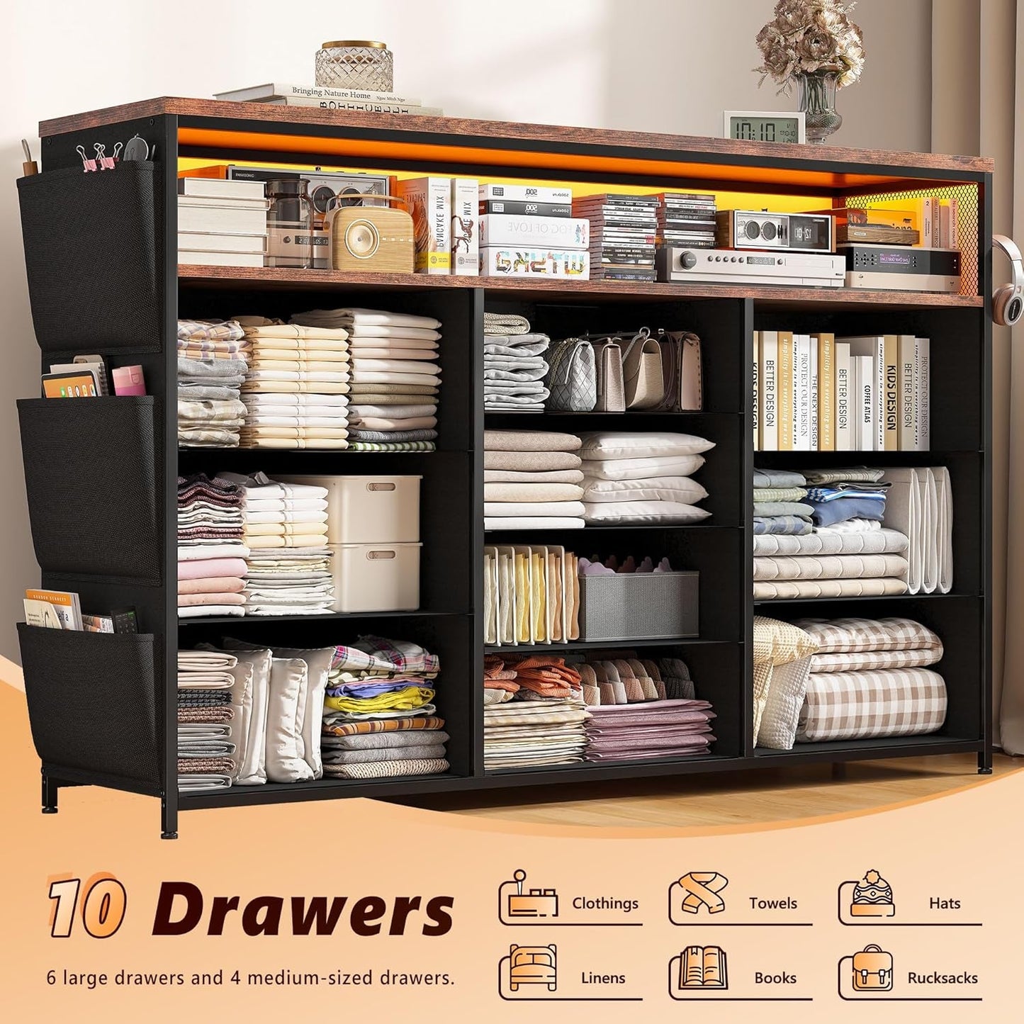 Dresser for Bedroom with 10 Fabric Drawers, Dresser with LED Lights & Power Outlets, 55" TV Stand Dresser with Side Pockets and Wood Open Shelves for Bedroom, Entryway, Rustic Brown-3