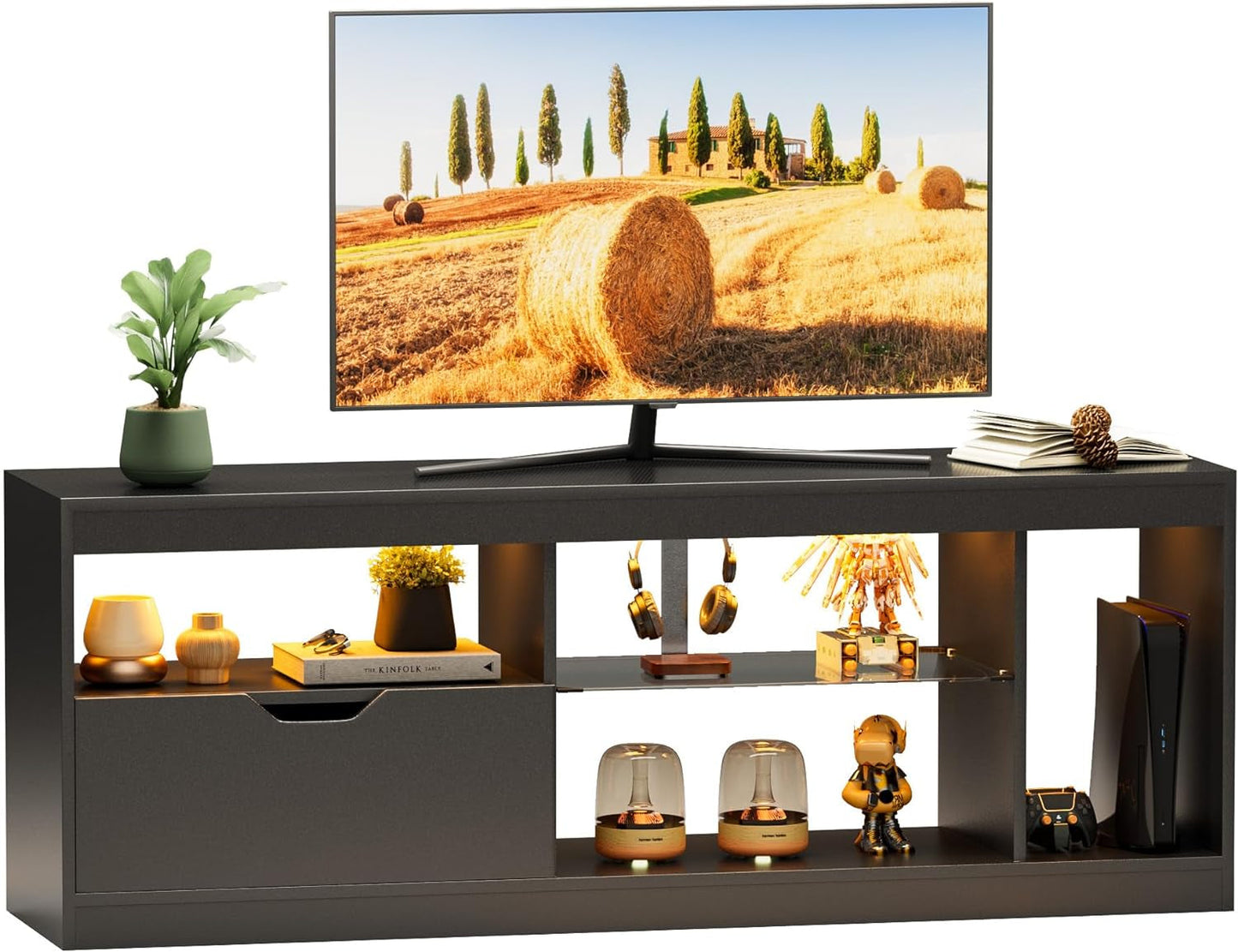 TV Stand, Entertainment Center LED Gaming TV Stand for 65+ Inch TV Carbon Fiber Top, Dynamic RGB Modes TV Cabinet Console with Adjustable Glass Shelves Storage Drawers (Black)-0