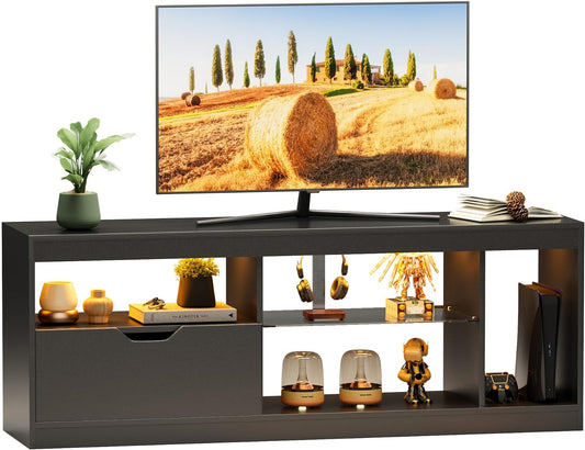 TV Stand, Entertainment Center LED Gaming TV Stand for 65+ Inch TV Carbon Fiber Top, Dynamic RGB Modes TV Cabinet Console with Adjustable Glass Shelves Storage Drawers (Black)-0