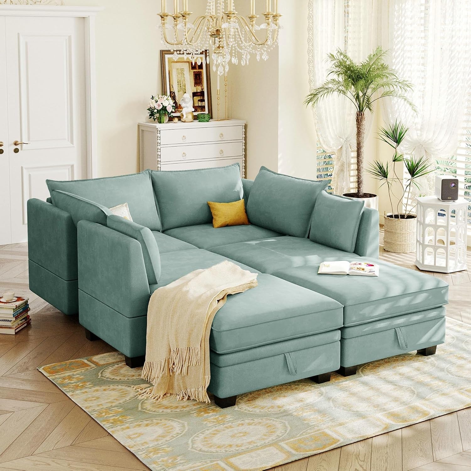 Large U-Shaped Combination Corner Sofa with Storage Seat, Modular Sectional Sofa with Reversible Chaise, for Living Room, Office, and Spacious Space, Light Green-0