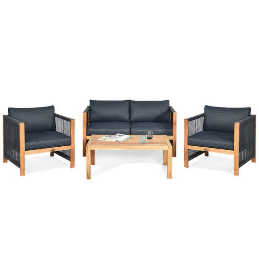 4 Pieces Acacia Wood Sofa Set with Cushions for Outdoor Patio-1