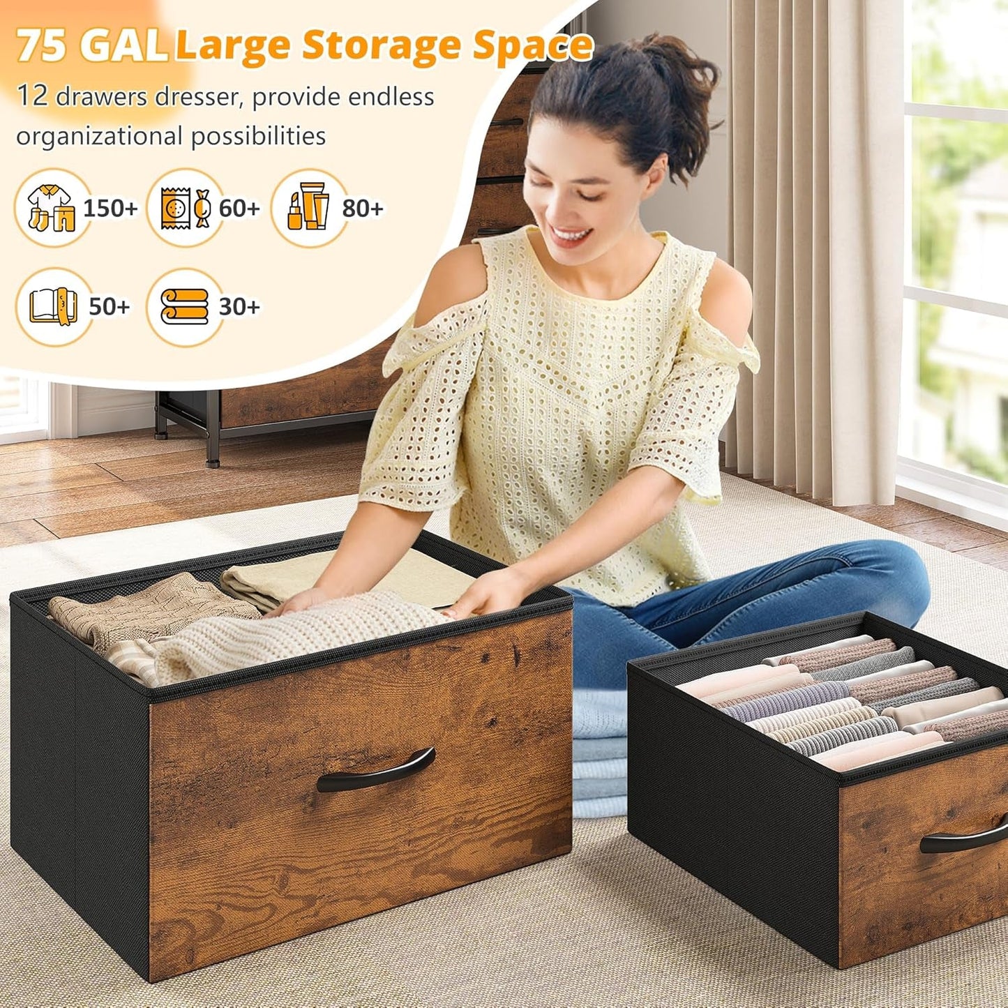 Dresser for Bedroom with LED Lights, 12 Drawers Bedroom Dresser, Dresser and Tall Dresser with Open Shelves, Fabric Dressers & Chests of Drawers with Sturdy Metal Frame, Rustic Brown-3