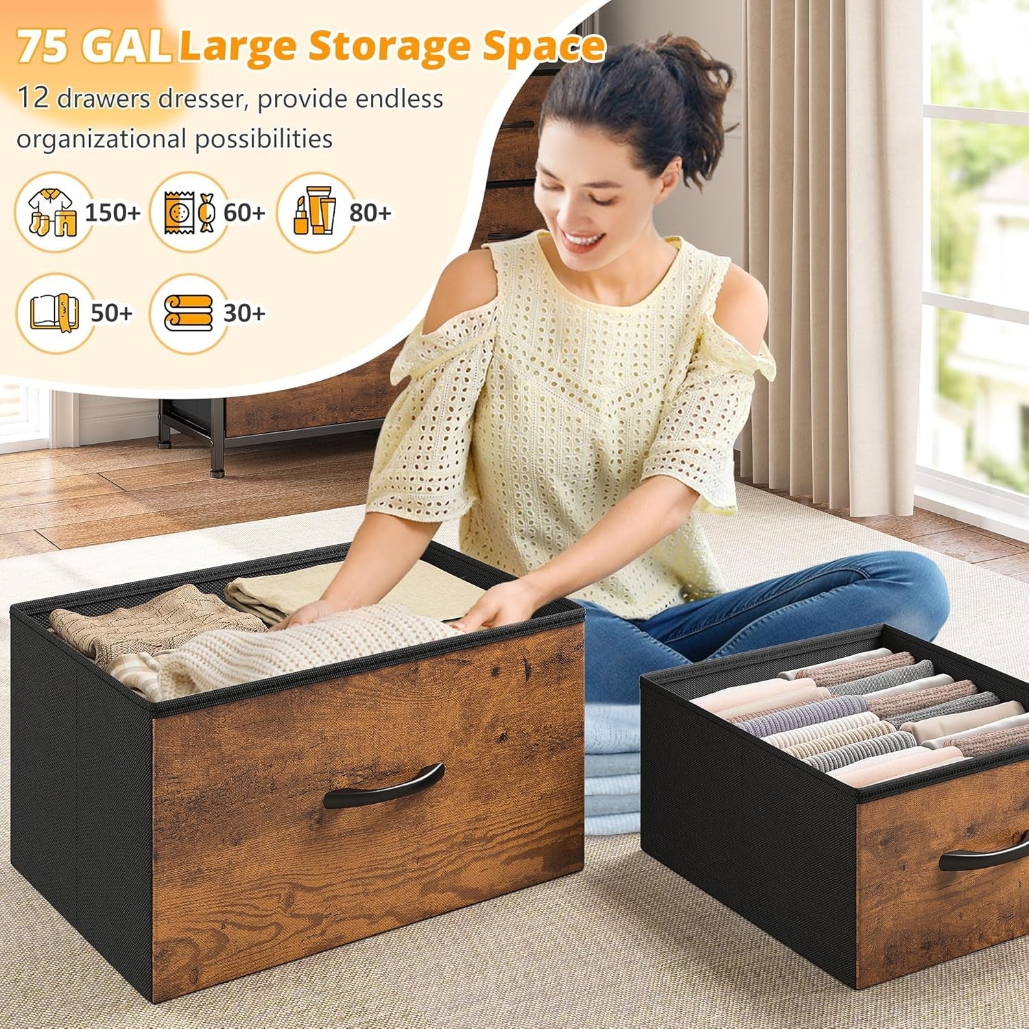 Dresser for Bedroom with LED Lights, 12 Drawers Bedroom Dresser, Dresser and Tall Dresser with Open Shelves, Fabric Dressers & Chests of Drawers with Sturdy Metal Frame, Rustic Brown-3