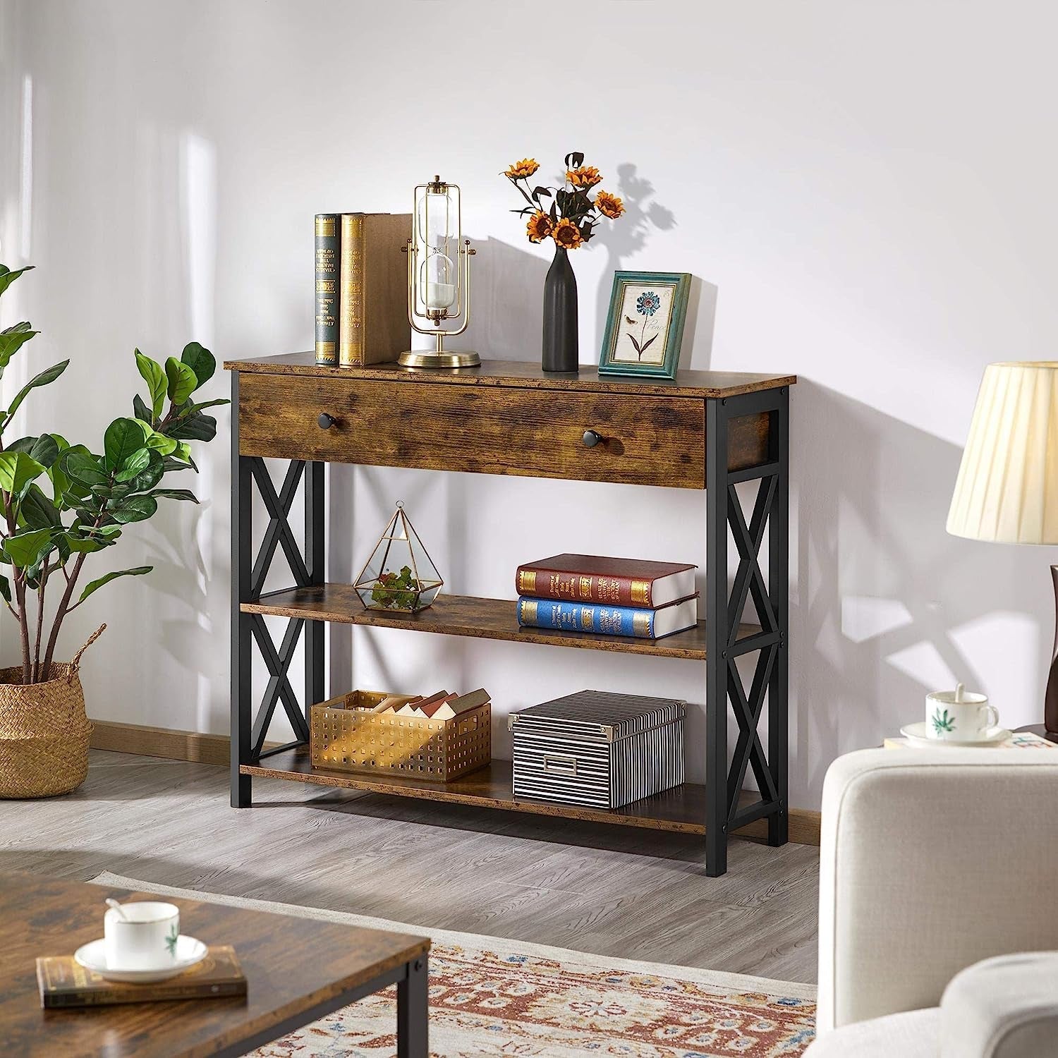 Rustic Brown Industrial Console Table with Drawer-4