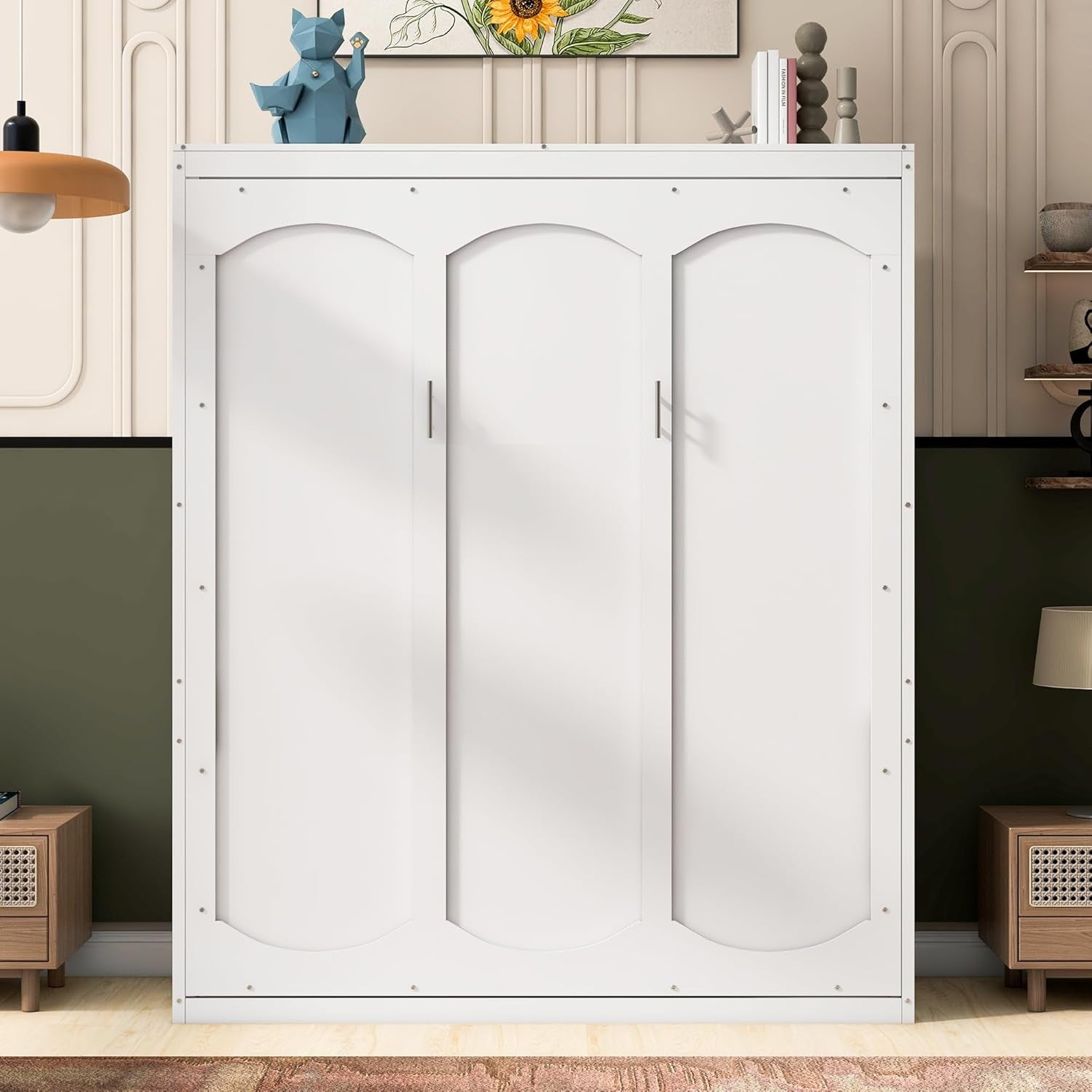 Wooden Queen Murphy Bed with Shelves White-3