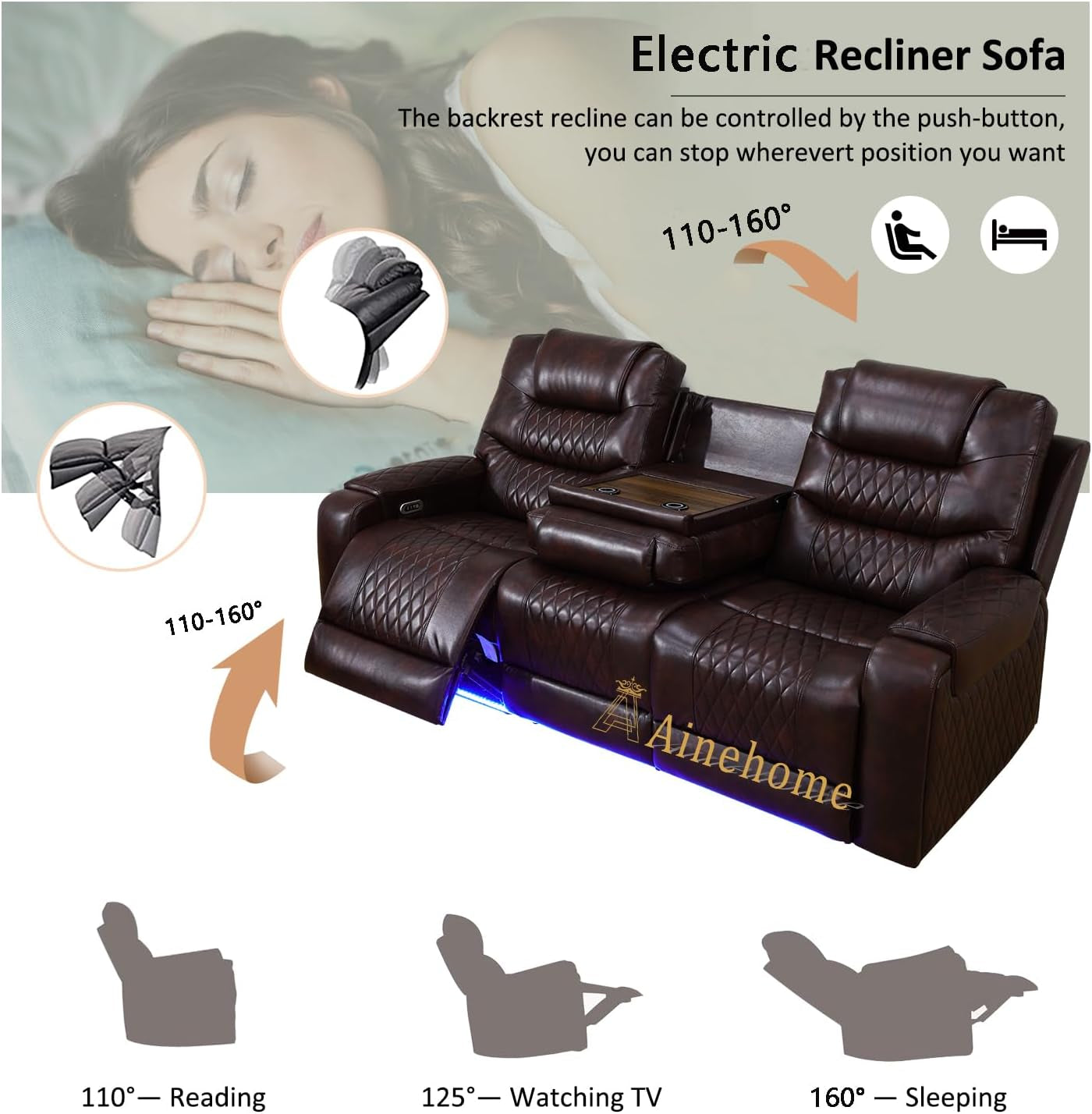 LED Power Recliner Sofa for Living Room Furniture Set, Leather Sectional Sofa Set, Reclining Sofa and Loveseat with USB Port/Storage Console/Cup Holders(Dark Brown Sofa+Chair)-3