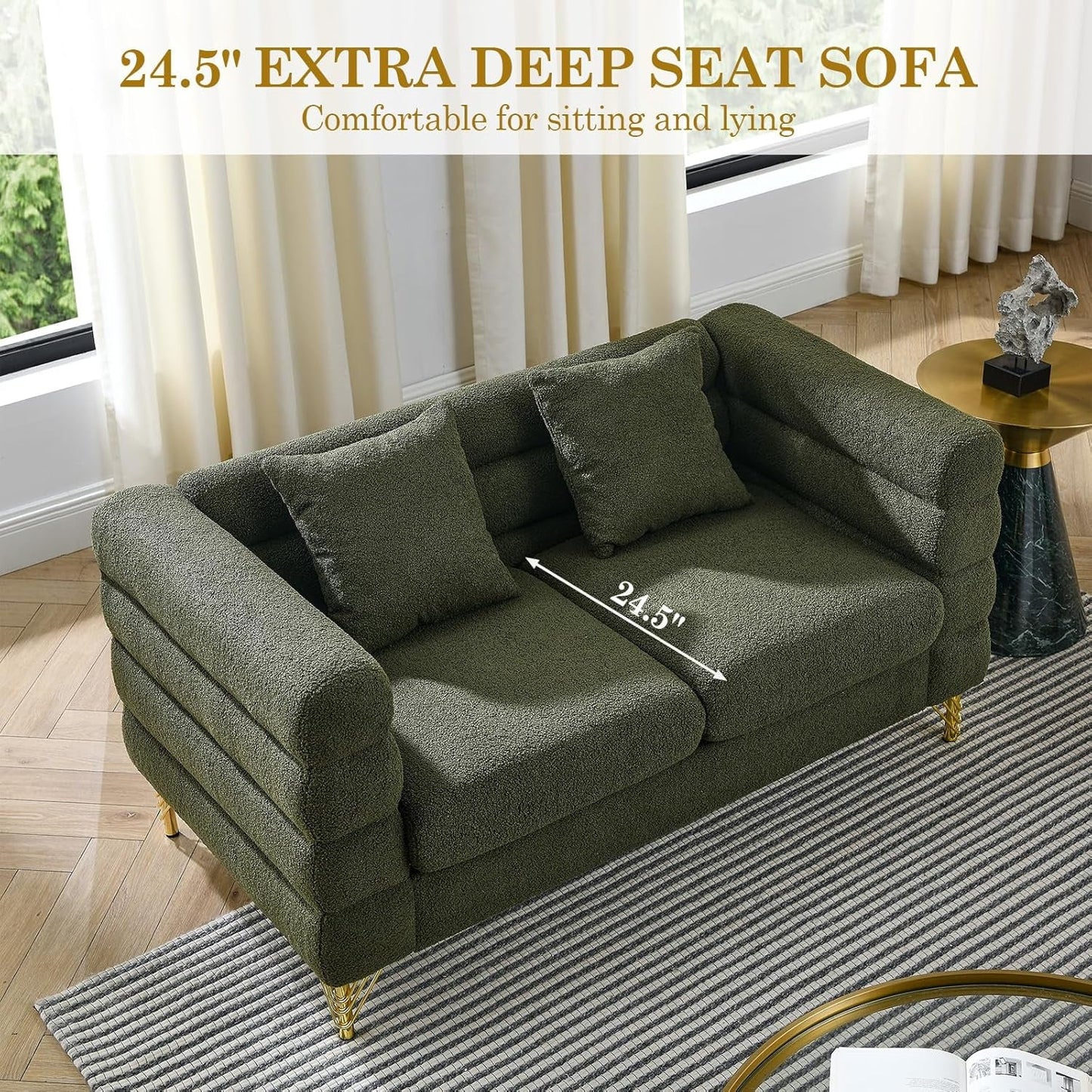 Sofa, 2 Pieces Sofa Set,Oversize 2/3 Seater Extra Deep Seat Sofa,Modern Upholstered Futon Sofa Couch, Comfy Teddy Bouclé Cloud Sofa,Furniture for Living Room,Bedroom,Office,Apartment(Green)-2