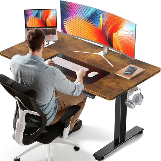 47.2 Inch Electric Standing Desk, Height Adjustable Sit Stand Up, Cable Clip, Wood Desktop, Work Home Office Computer PC Table, Writing Study Rising Desks, Brown-0