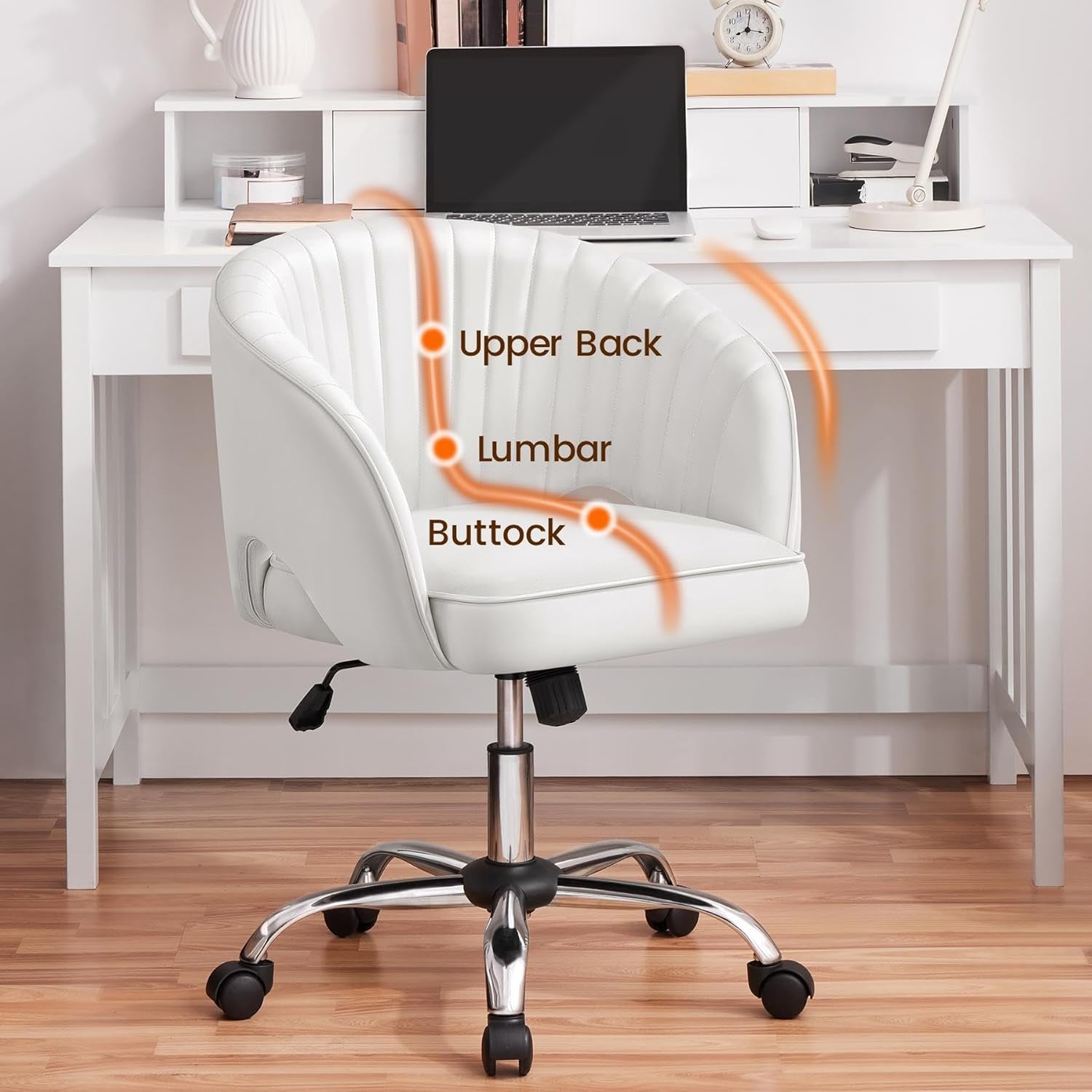Home Office Chair, Faux Leather Desk Chair, Modern Swivel Chair with Tufted Barrel Back, Rolling Wheels for Office,Study, Vanity, Bedroom White-4
