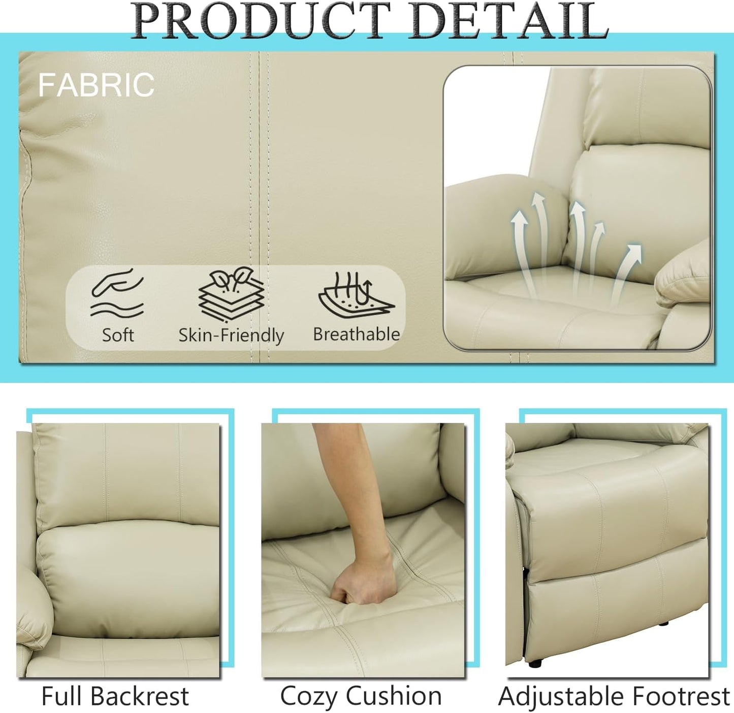 Leather Recliner Sofa Set，Leather Reclining Sofa Set for Living Room Furniture Sets，Beige Recliner Couch Set for Living Room/Office/Theater Seating(Sofa Set 3 Pieces)-3