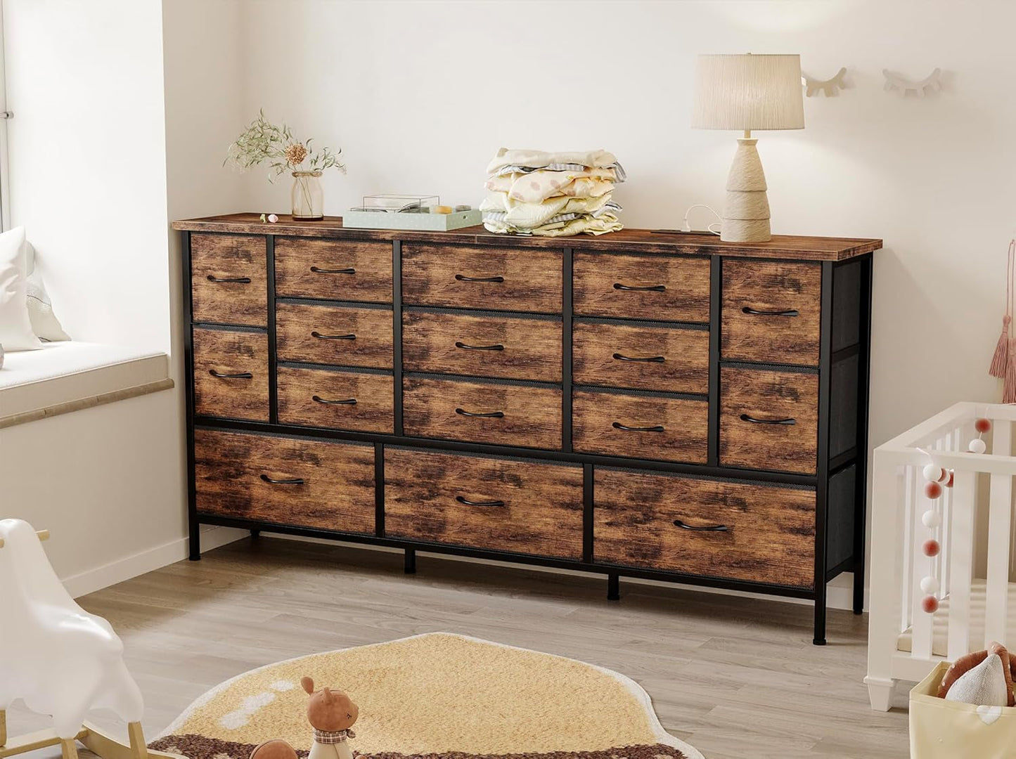 63.3 Inch TV Stand for Bedroom, 16 Large Drawer Dresser, Long TV Stand for 55, 65, 70 Inch TV with Power Outlets, Fabric Chest of Drawers for Bedroom, Living Room, Entryway, Rustic Brown-3