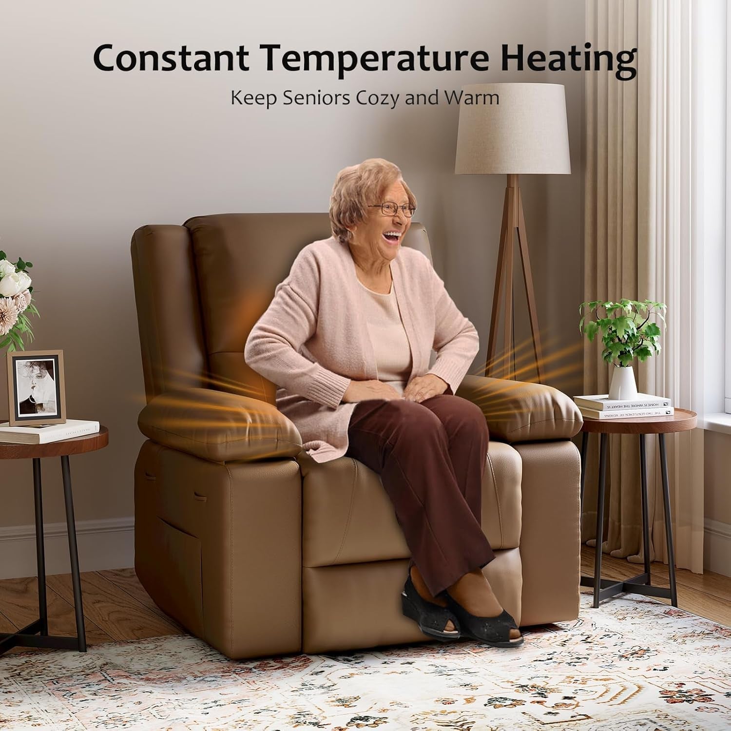 Oversized Faux Leather Power Lift Recliner W/Massage and Heat for Elderly, Recliner Chairs with Pockets for Living Room (Khaki, Large)-4