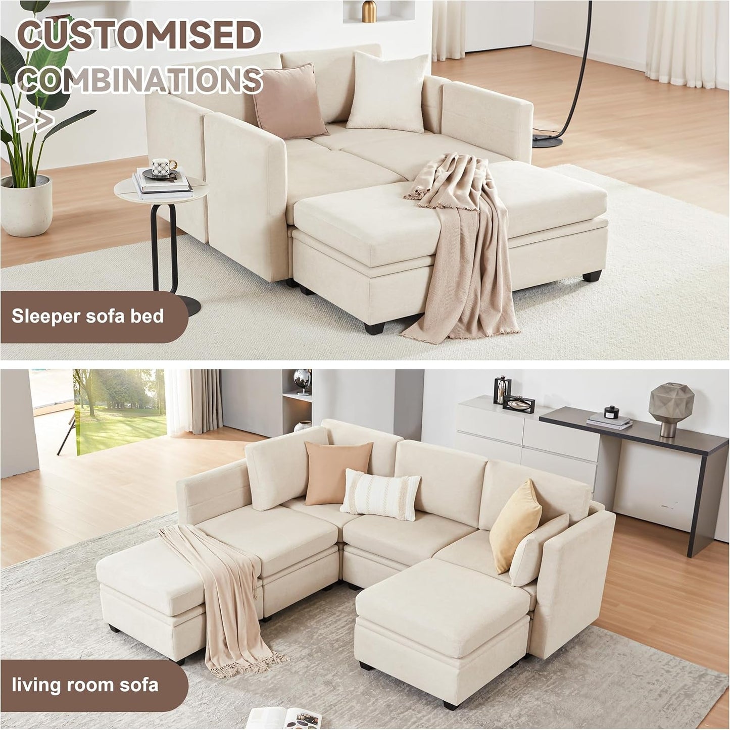 Modular Sectional Sofa with Storage, U Shaped Sectional Couch for Living Room, Convertible Modular Sofa Couch with Ottomans, High Supportive & Soft Sponge, 6 Seat, Beige-1
