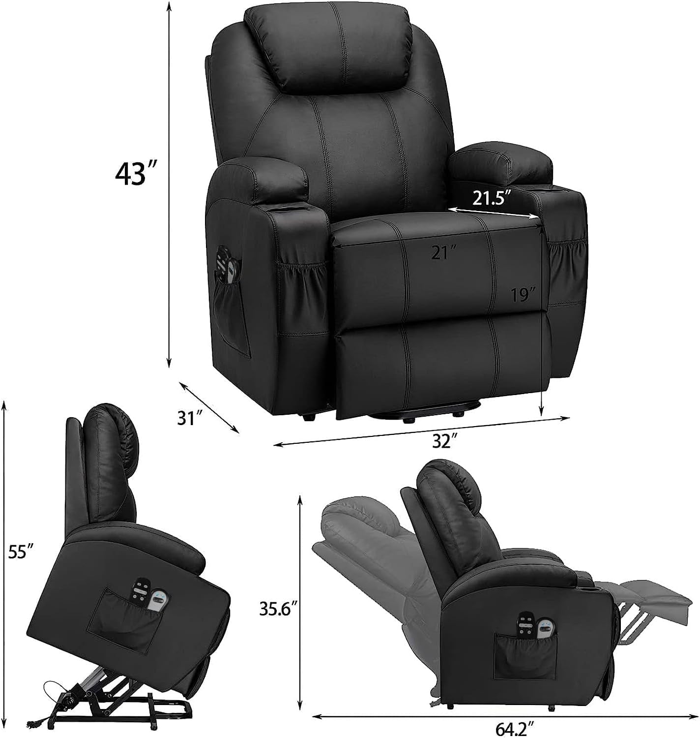 Power Lift Recliner Chair PU Leather with Massage for Elderly Ergonomic Lounge Chair Classic Single Sofa with 2 Cup Holders Side Pockets Home Theater Seat (Leather, Light Black)-2