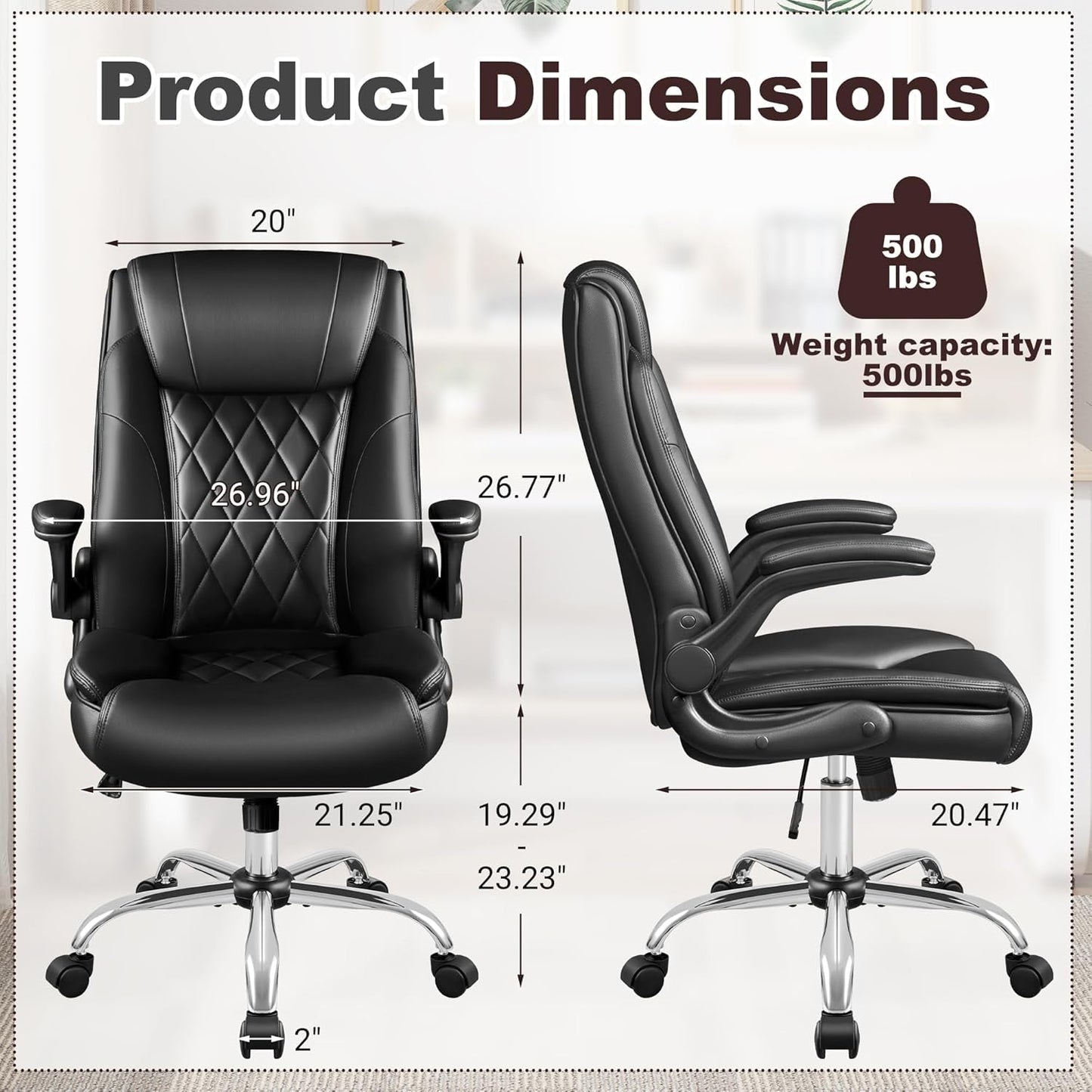 Executive Office Chair, Ergonomic High Back with Adjustable Flip-Up Armrest, Swivel Leather-Papped Seats with Lumbar Support, Black-2