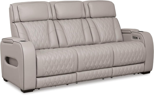 Boyington Contemporary Leather Match Power Reclining Sofa with USB Charging Ports, LED Lights and Adjustable Headrest, Light Gray-0