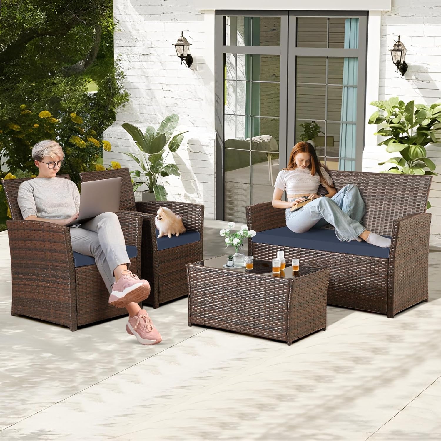 4 Piece Outdoor Patio Furniture Sets, Wicker Sectional Conversation Sofa Set, Rattan Table and Chairs and Loveseat with Cushions for outside Balcony Porch Backyard (Brown-Blue)-1