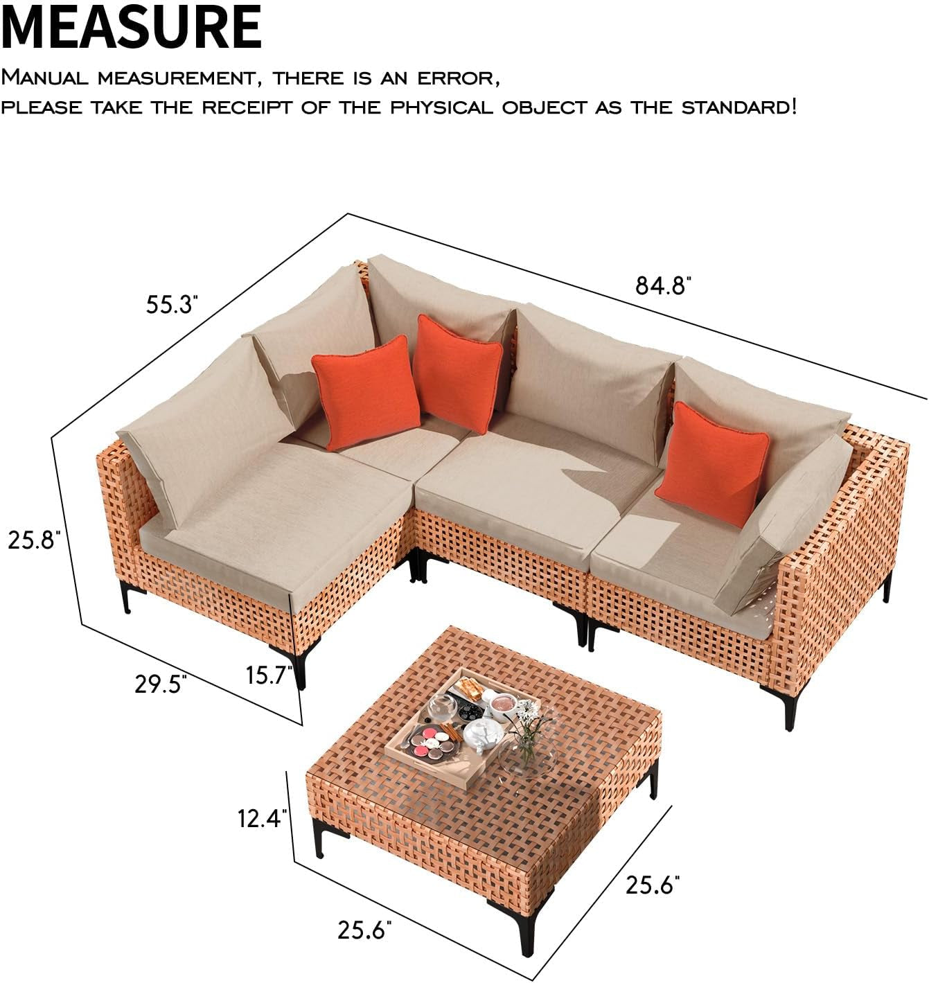 5 Piece Outdoor Patio Furniture Set Modular Outdoor Furniture Set Wicker Outdoor Sectional Sofa with Cushions and Table Patio Set for Balcony Porch Deck Yard ( (Salmon&Orange Wicker, Sand Cushion))-4