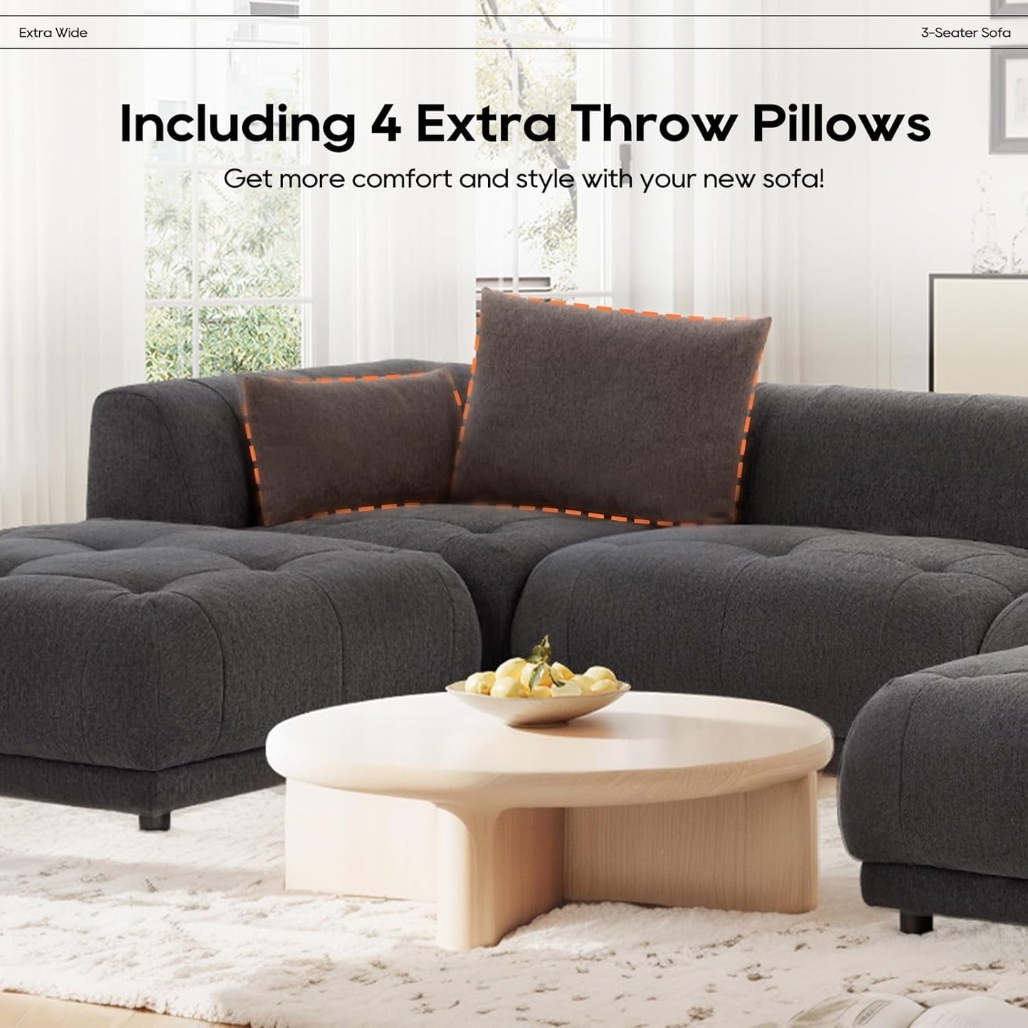 144" Cloud Sectional Couch with Ottoman,Modular Sectional Sofa with 3 Large Seat and 1 Ottoman for Living Room, Chenille, Gray-3