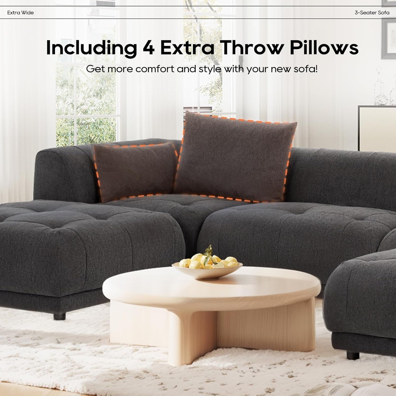 144" Cloud Sectional Couch with Ottoman,Modular Sectional Sofa with 3 Large Seat and 1 Ottoman for Living Room, Chenille, Gray-3