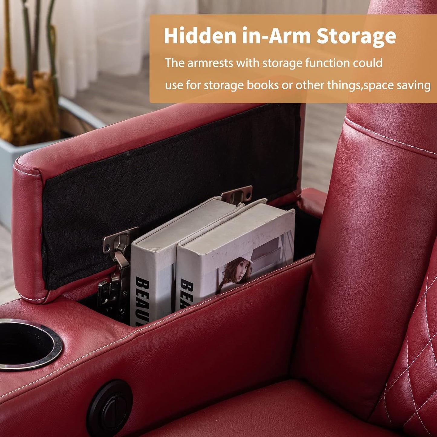 Electric Power Recliner Chair Soft Leather Reclining with USB Ports and Cup Holders, Red Home Theater Seating with Hidden Arm Storage Movie & Media Room Chairs-4