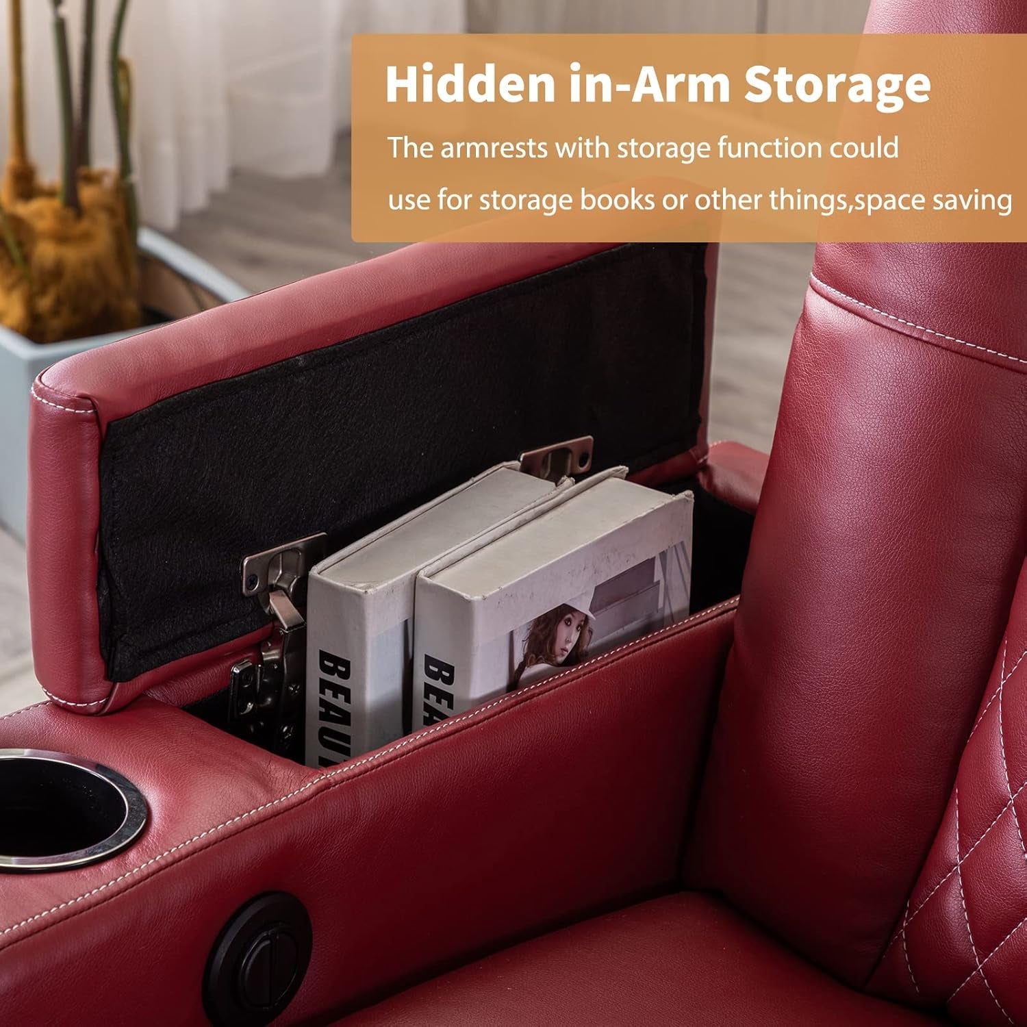 Electric Power Recliner Chair Soft Leather Reclining with USB Ports and Cup Holders, Red Home Theater Seating with Hidden Arm Storage Movie & Media Room Chairs-4