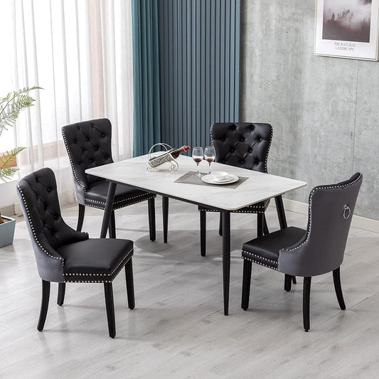 Black and Dark Grey Velvet Dining Chairs Set of 6 with Nailhead Trim and Pull Ring-0