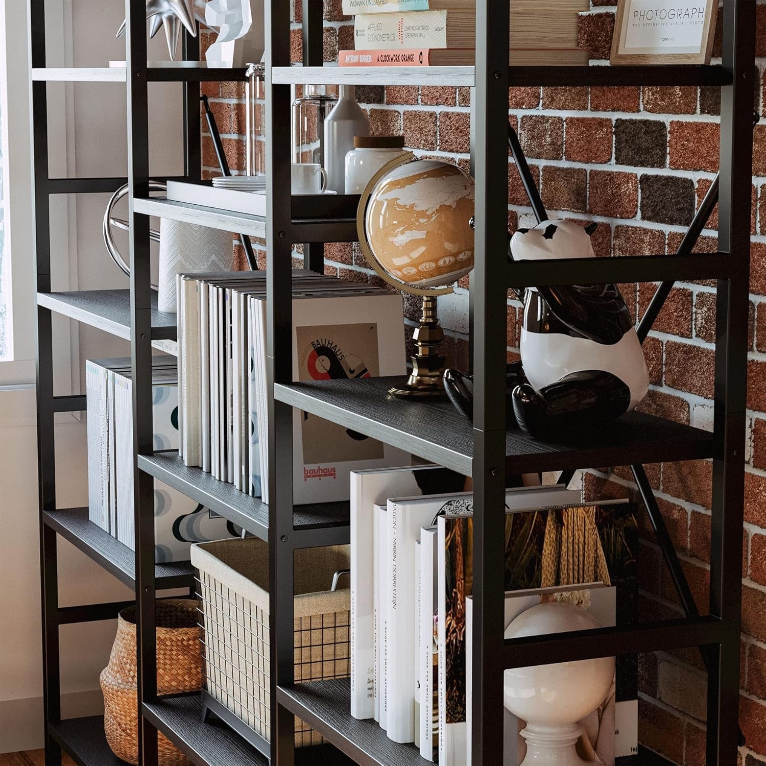 Bookcases and Bookshelves Triple Wide 5 Tiers Industrial Bookshelf, Large Etagere Bookshelf Open Display Shelves with Metal Frame for Living Room Bedroom Home Office-4