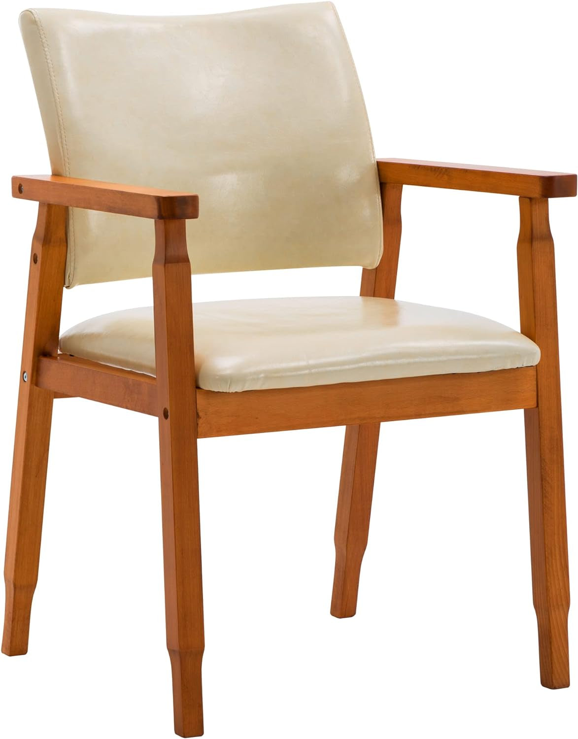 NOB Mid-Century Dining Side Chair with Faux Leather Seat in Beige, Handrail Chair-3