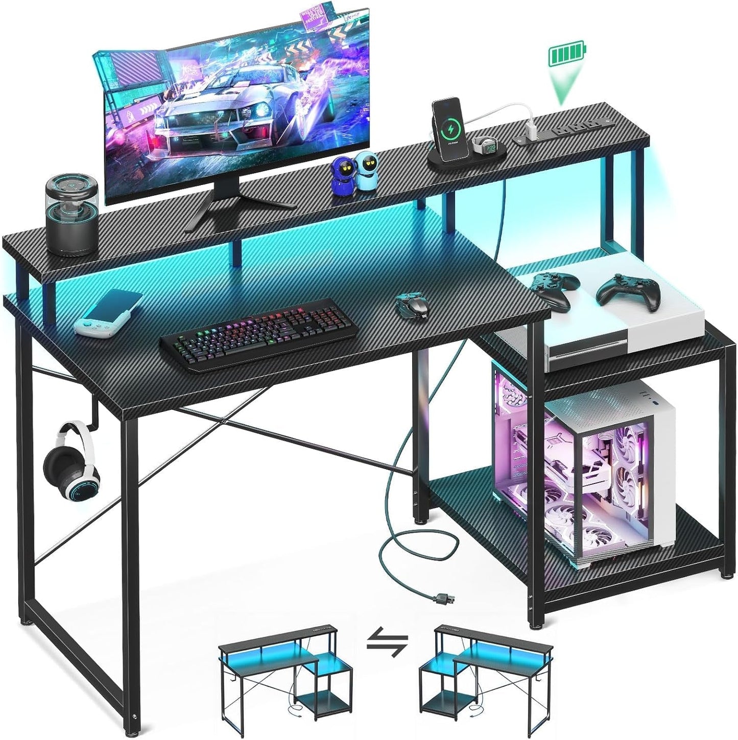 Computer Desk, 48 Inch Gaming Desk with Led Lights & Power Outlet, Office Desk with Printer Storage Shelves, Reversible Desk with Monitor Shelf & Headphone Hook, Carbon Fiber Black-0