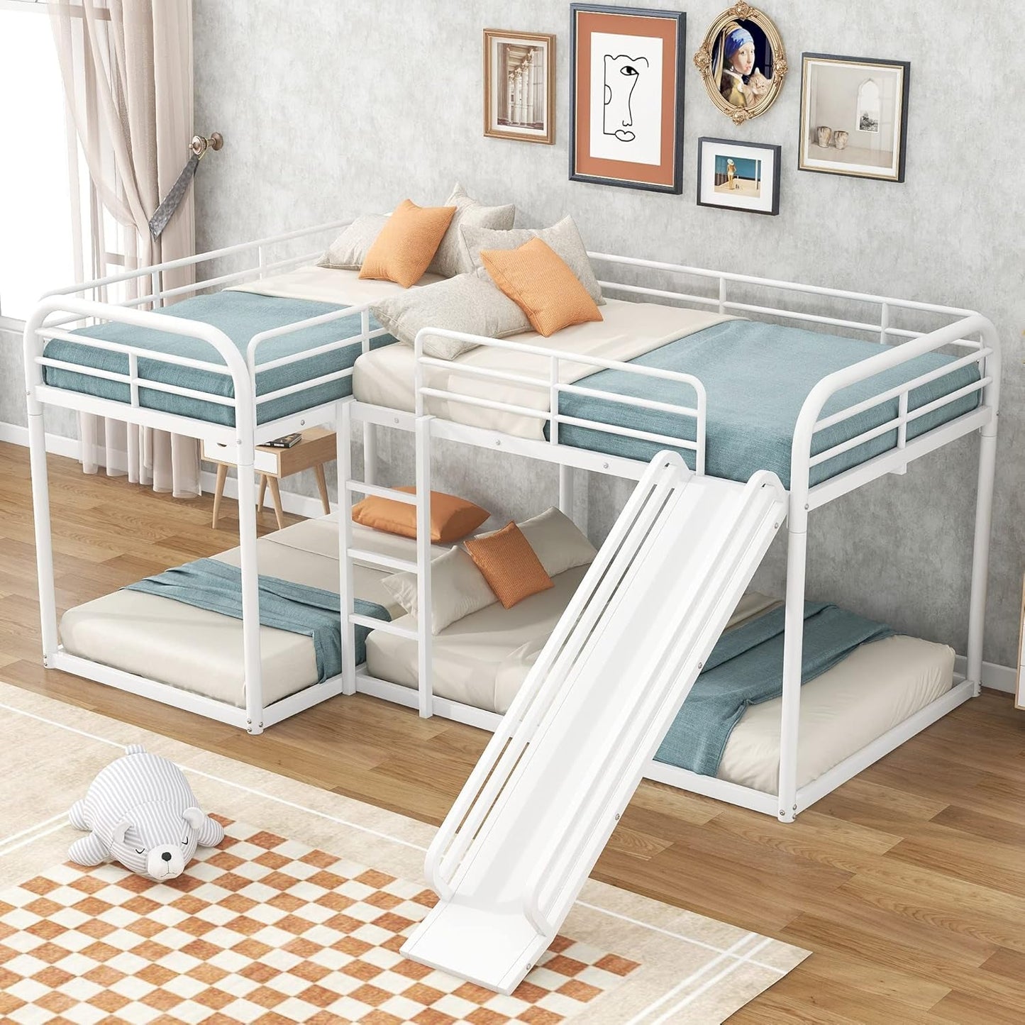L-Shape Bunk Beds with Slide, Quad Bunk Bed for 4, Metal Twin Size Bunk Bed Attached with Full Size Bunk Bed Frame, Modern Corner Bunked for Multi-Kids Boys Girls Teens (White)-0