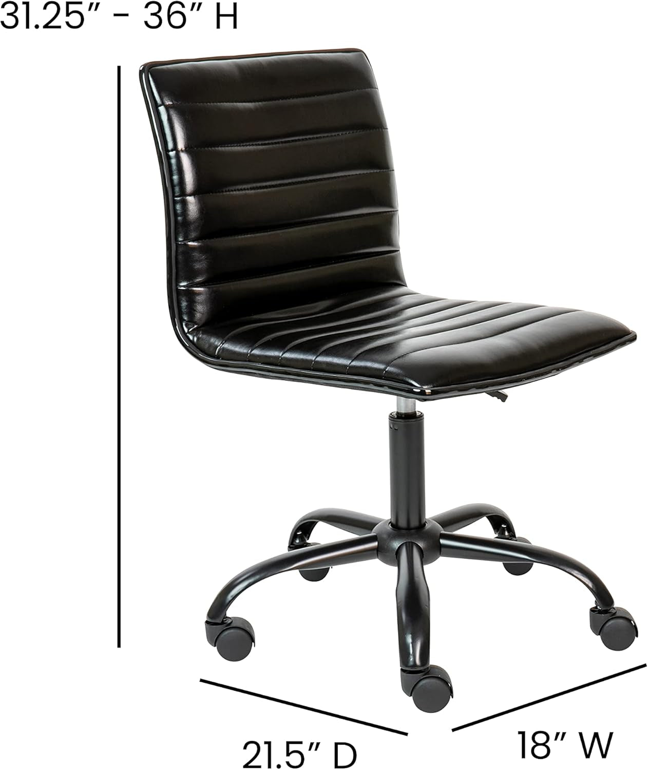 Alan Office Task Chair - Black Vinyl - Black Frame - Armless - Ribbed Back and Seat - Low Back Design-2