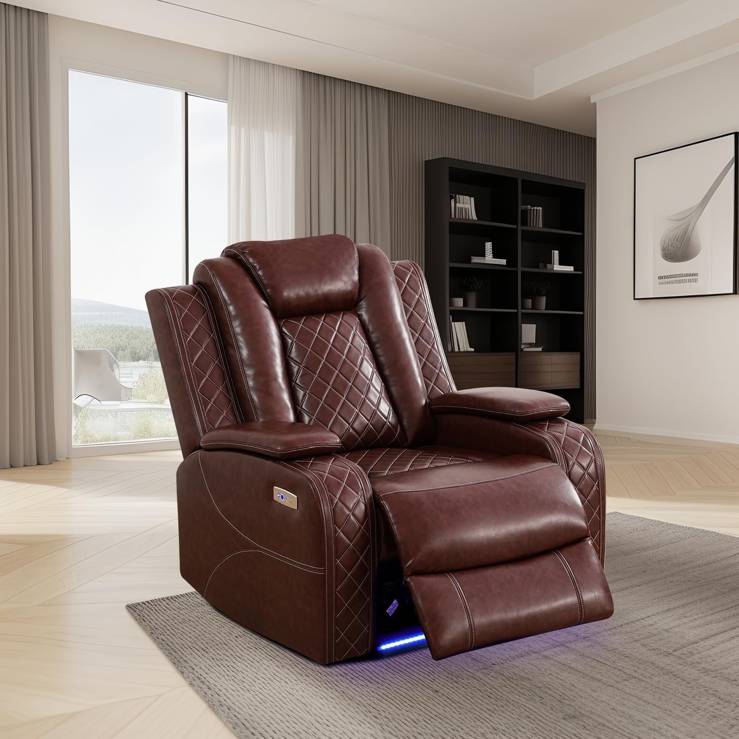 Power Brown Leather Reclining Sofa Set with LED Light for Living Room Set，Theater Seat Recliner Chair and 3 Seats Double Recliner Sofa with Drop-Down Table/Read Light/Wireless Charge/Usb Port-3