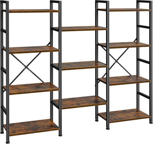 Triple 4 Tier Bookshelf, Bookcase with 11 Open Display Shelves, Wide Book Shelf Book Case for Home & Office, Rustic Brown-0