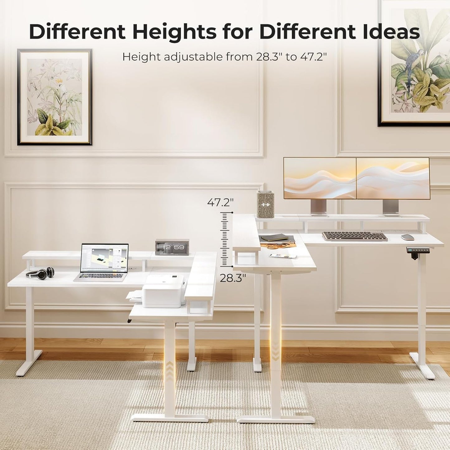 Electric L Shaped Standing Desk, 59 Inch Height Adjustable Stand up Desk with Power Outlets ＆ Full Monitor Stand, Reversible Corner Desk for Home Office ＆ Computer Workstation, White-3