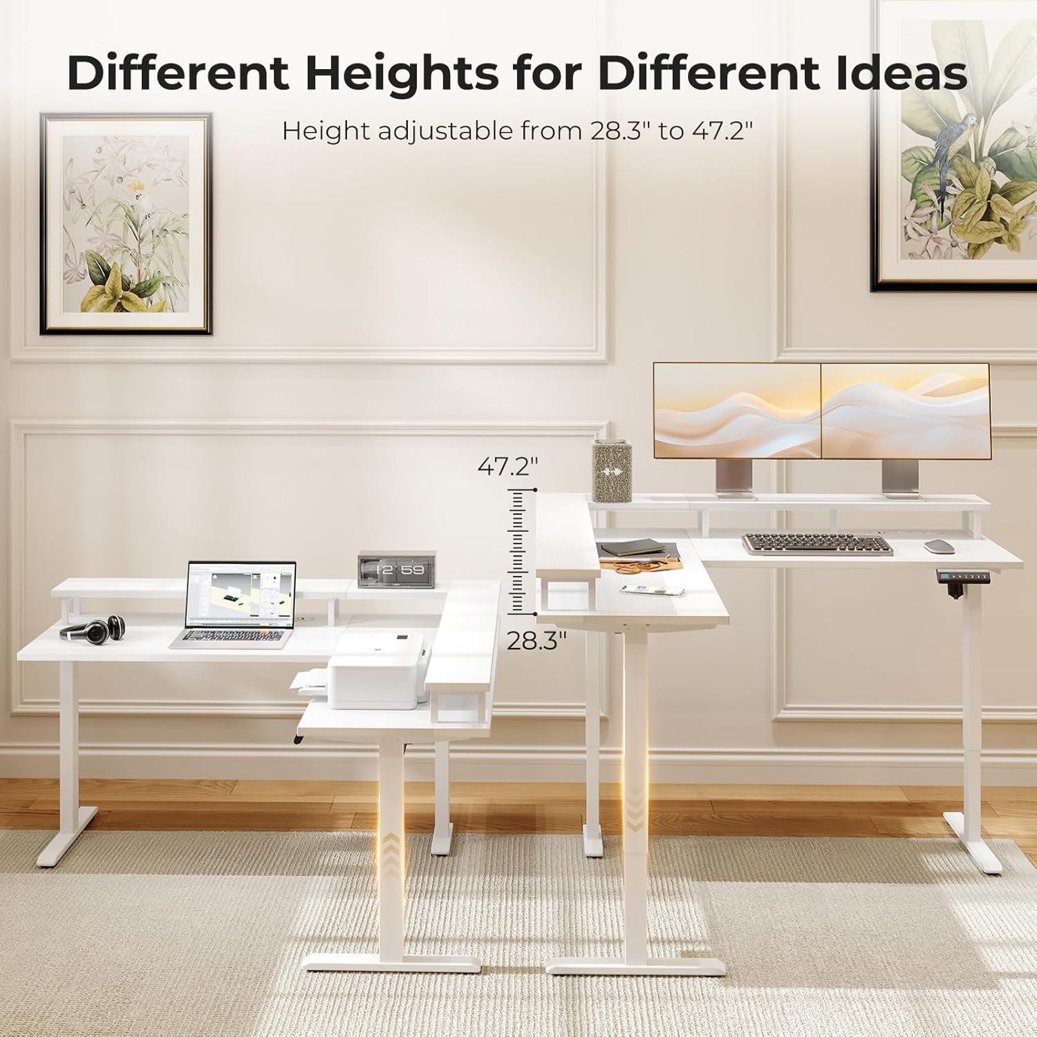 Electric L Shaped Standing Desk, 59 Inch Height Adjustable Stand up Desk with Power Outlets ＆ Full Monitor Stand, Reversible Corner Desk for Home Office ＆ Computer Workstation, White-3