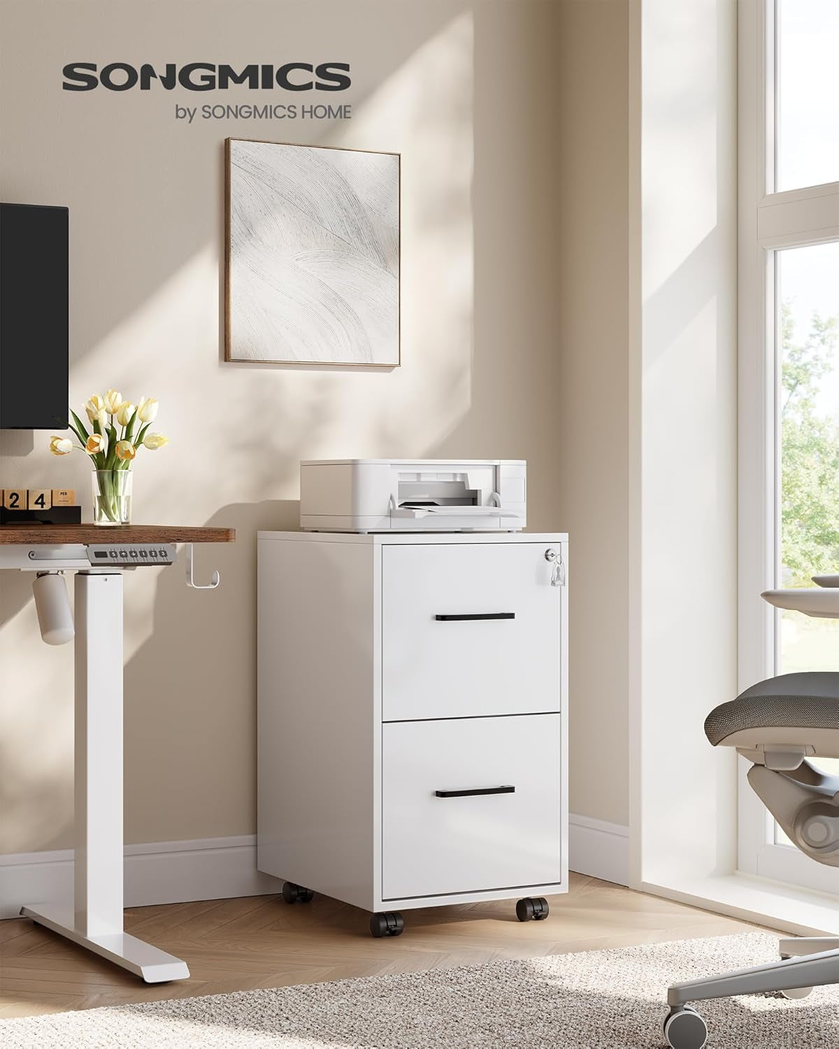 File Cabinet, Pre-Assembled except Wheels and Handles, Office Filing Cabinet with Lock, for A4, Legal, Letter Sized Documents, 17.7 X 14.4 X 25.4 Inches, Matte White UOFC112W01-1