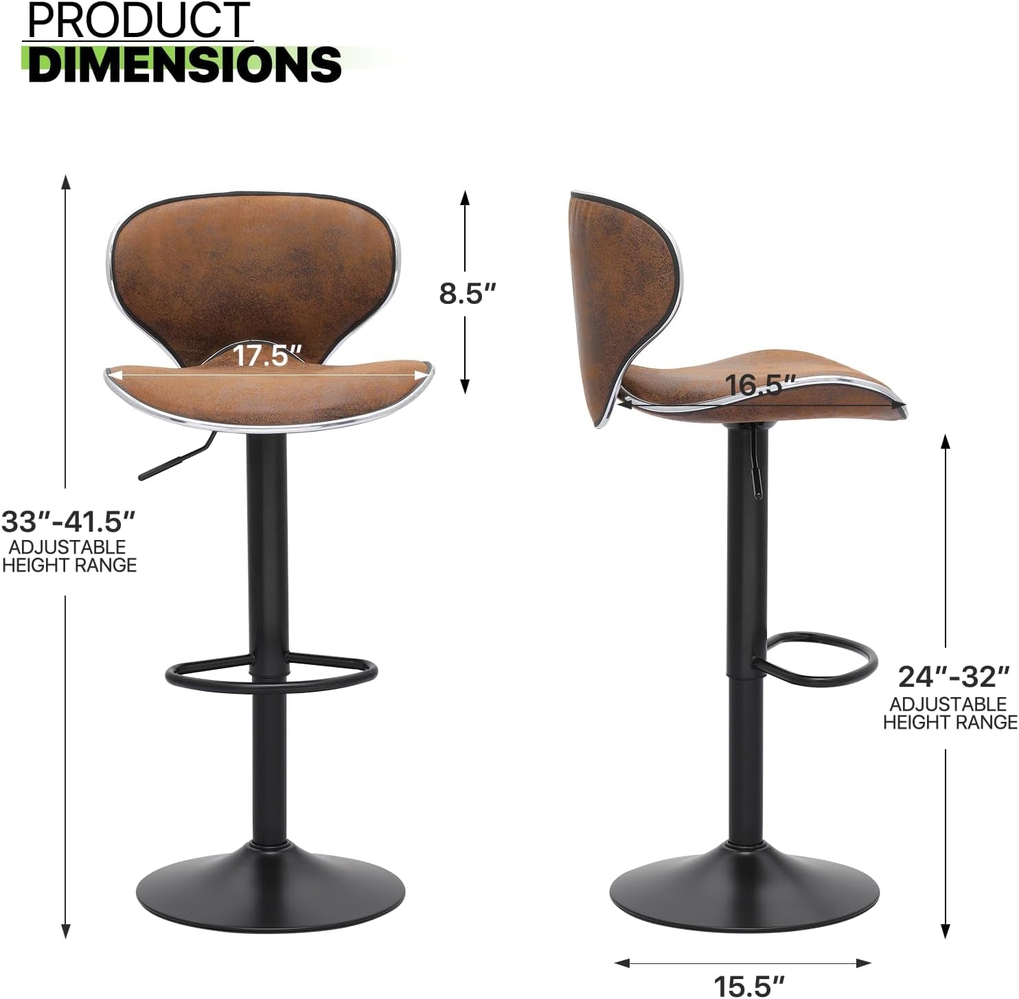 Bar Stools Set of 2 Adjustable Counter Height PU Leather Modern Swivel Barstools W/Back and Footrest Kitchen Counter Chairs, Coffee Color-2
