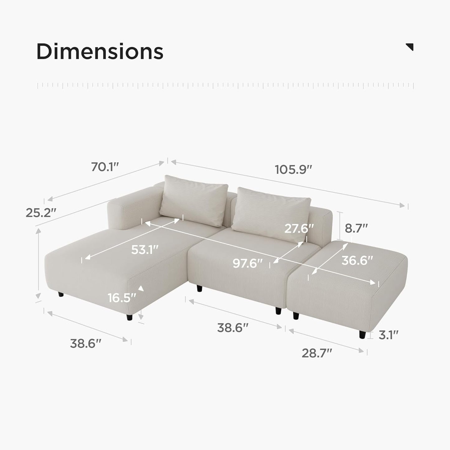 Soft Corduroy Sectional Modular Sofa Set, Modern L-Shaped Chaise Couch for Living Room, Apartment, Office, Small Spaces, Cream-1