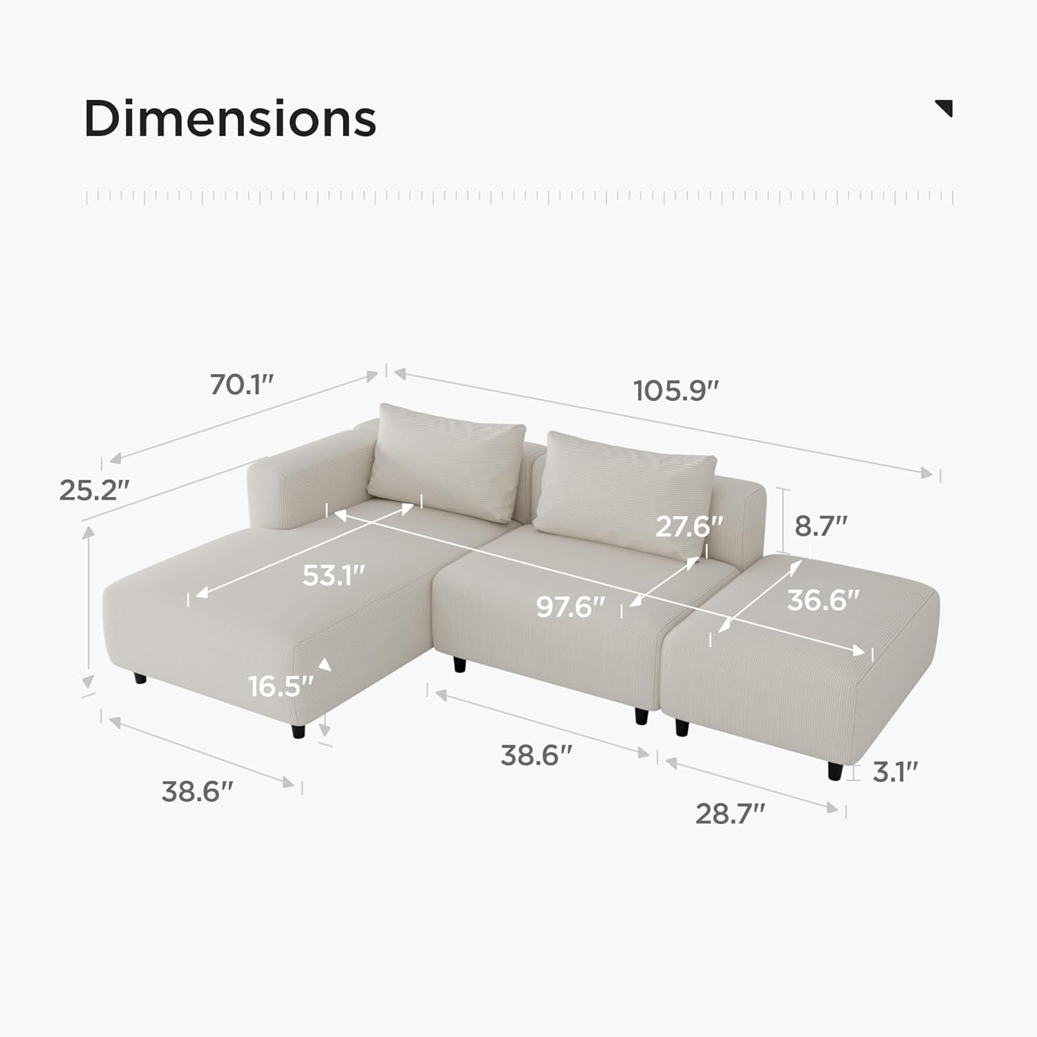 Soft Corduroy Sectional Modular Sofa Set, Modern L-Shaped Chaise Couch for Living Room, Apartment, Office, Small Spaces, Cream-1