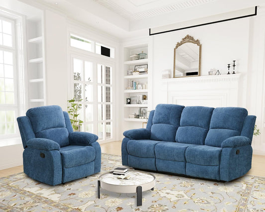 Recliner Sofa Set Living Room Furniture, Microfiber Fabric Reclining Sofa Set, Recliner Couch Set with Cup Holders for Office Home (Sofa and Chair Set, Blue)-0